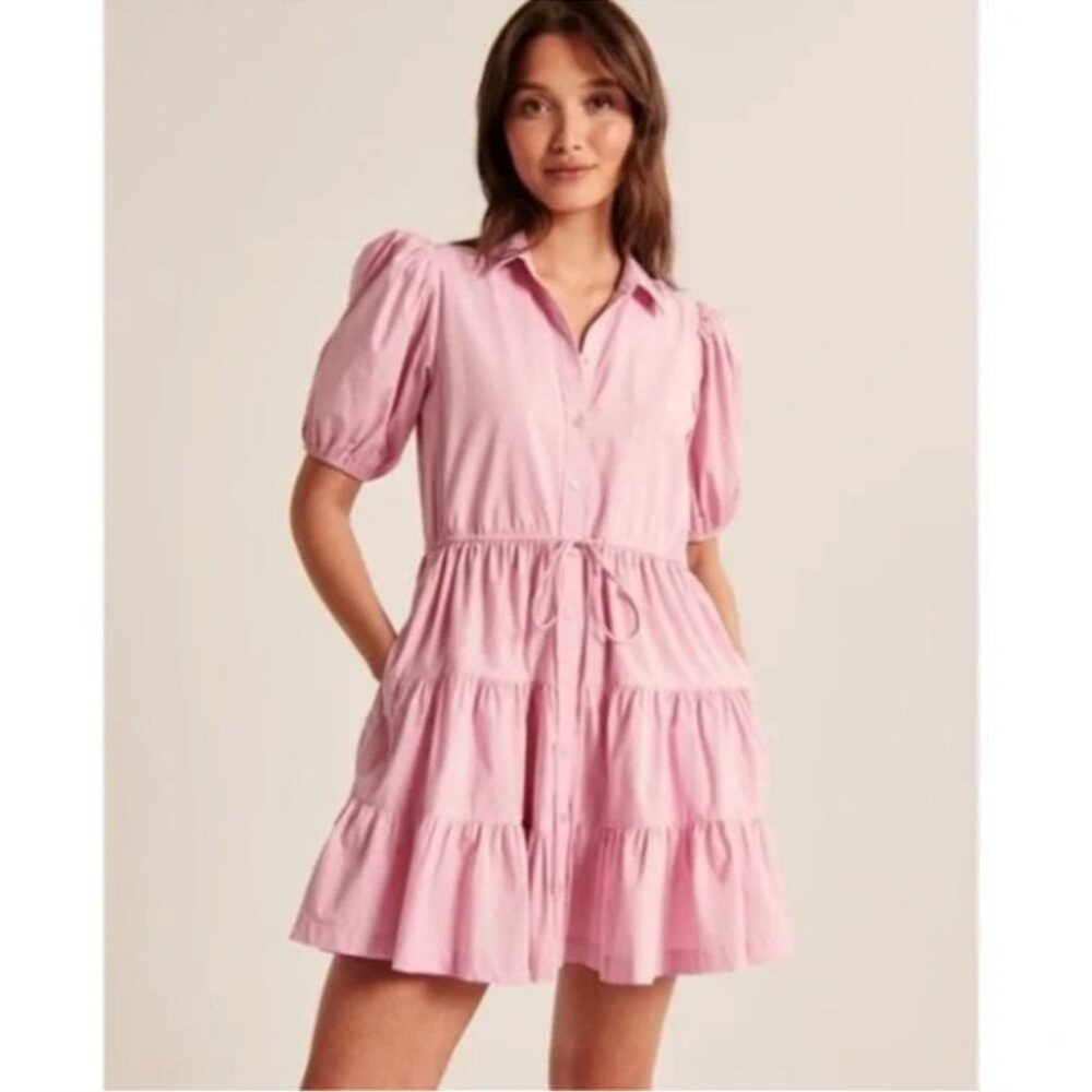 Abercrombie & Fitch Poplin Puff Sleeve Mini Shirt Dress Pink buttons Small